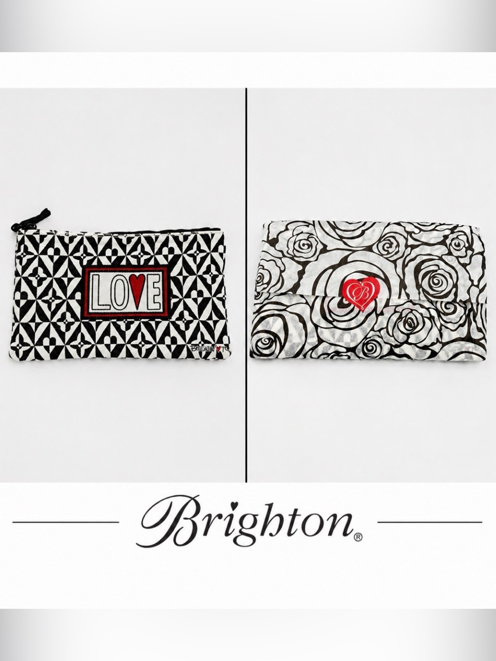 Brighton LOVE Canvas Zipper Pouch Cosmetic Bag Travel Black White Geometric NWOT